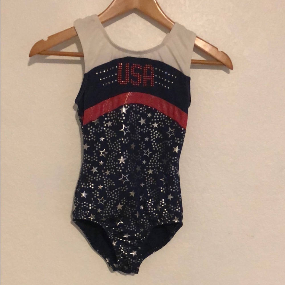 Patriotic Blue and Red Performance Leotard with Starry Design